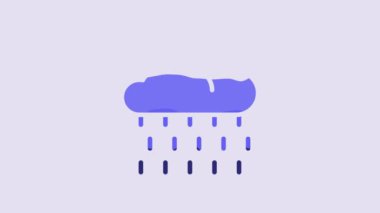 Blue Cloud with rain icon isolated on purple background. Rain cloud precipitation with rain drops. 4K Video motion graphic animation.