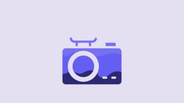 Blue Photo camera with lighting flash icon isolated on purple background. Foto camera. Digital photography. 4K Video motion graphic animation.