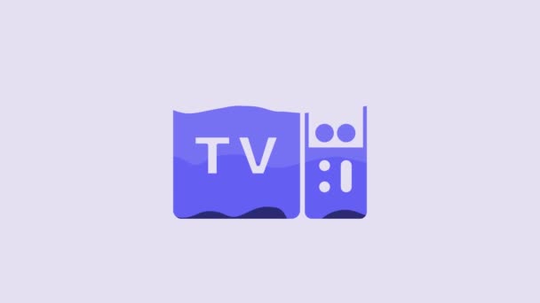 蓝色多媒体和电视盒接收机和播放器与遥控器图标隔离在紫色背景 4K视频运动图形动画 — 图库视频影像