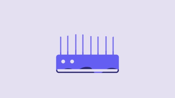紫色の背景に隔離されたブルールーターとWi Fi信号アイコン ワイヤレスイーサネットモデムルーター コンピュータ技術インターネット 4Kビデオモーショングラフィックアニメーション — ストック動画