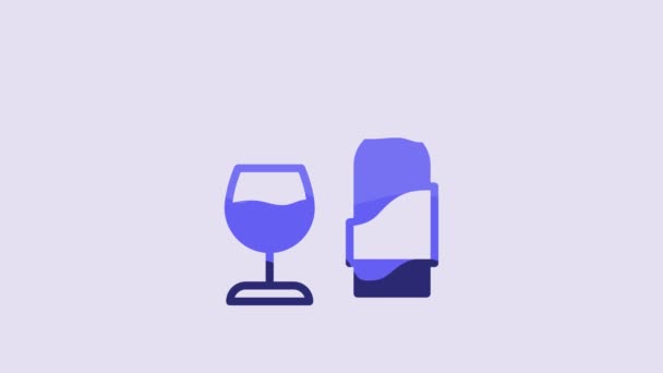 Botella Vino Azul Con Icono Vidrio Aislado Sobre Fondo Púrpura — Vídeos de Stock