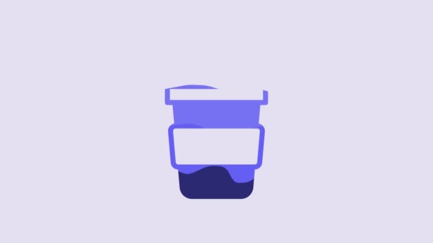 ブルーコーヒーカップは 紫色の背景にアイコンを隔離移動します 4Kビデオモーショングラフィックアニメーション — ストック動画