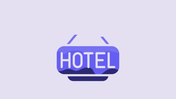青い看板紫色の背景に隔離されたテキストホテルのアイコンと屋外広告 4Kビデオモーショングラフィックアニメーション — ストック動画