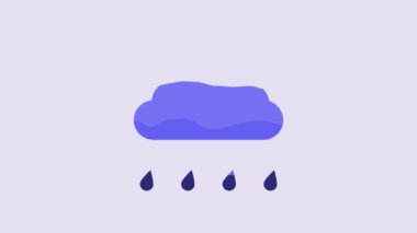 Blue Cloud with rain icon isolated on purple background. Rain cloud precipitation with rain drops. 4K Video motion graphic animation.