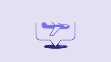 Blue Plane icon isolated on purple background. Flying airplane icon. Airliner sign. 4K Video motion graphic animation.