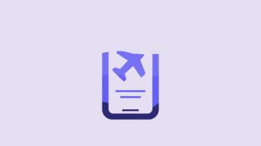 Blue Smartphone with electronic boarding pass airline ticket icon isolated on purple background. Passenger plane mobile ticket for web and app. 4K Video motion graphic animation.