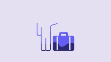 Blue Tourist with suitcase icon isolated on purple background. Travelling, vacation, tourism concept. 4K Video motion graphic animation.