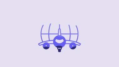 Blue Globe with flying plane icon isolated on purple background. Airplane fly around the planet earth. Aircraft world icon. 4K Video motion graphic animation.