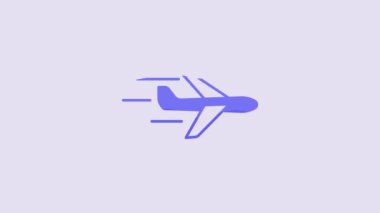 Blue Plane icon isolated on purple background. Flying airplane icon. Airliner sign. 4K Video motion graphic animation.