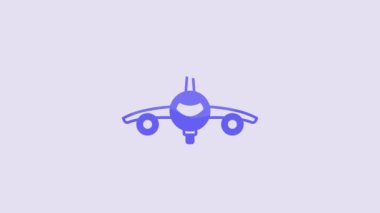 Blue Plane icon isolated on purple background. Flying airplane icon. Airliner sign. 4K Video motion graphic animation.