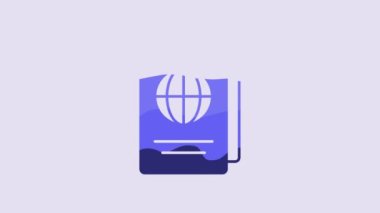 Blue Passport with biometric data icon isolated on purple background. Identification document. 4K Video motion graphic animation.
