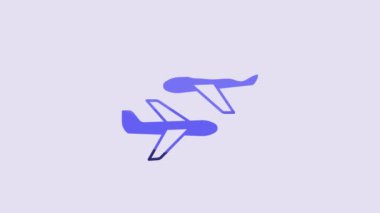 Blue Plane icon isolated on purple background. Flying airplane icon. Airliner sign. 4K Video motion graphic animation.