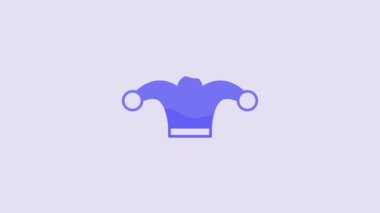 Blue Jester hat with bells isolated on purple background. Clown icon. Amusement park funnyman sign. 4K Video motion graphic animation.