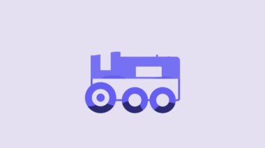 Mavi oyuncak tren ikonu mor arkaplanda izole edildi. 4K Video hareketli grafik canlandırması.