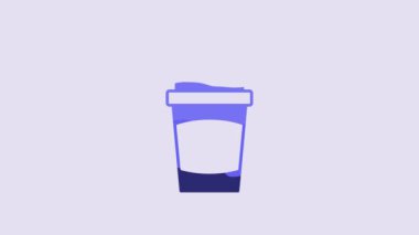 Blue Paper glass with drinking straw and water icon isolated on purple background. Soda drink glass. Fresh cold beverage symbol. 4K Video motion graphic animation.