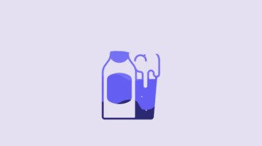 Blue Beer bottle and glass icon isolated on purple background. Alcohol Drink symbol. 4K Video motion graphic animation.