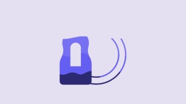Blue Dishwashing liquid bottle and plate icon isolated on purple background. Liquid detergent for washing dishes. 4K Video motion graphic animation.