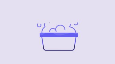 Blue Plastic basin with soap suds icon isolated on purple background. Bowl with water. Washing clothes, cleaning equipment. 4K Video motion graphic animation.