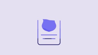 Blue Police badge with id case icon isolated on purple background. 4K Video motion graphic animation.