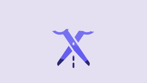 Blaue Schere Mit Schnittliniensymbol Isoliert Auf Lila Hintergrund Maßanfertigung Schneidwerkzeugschild — Stockvideo