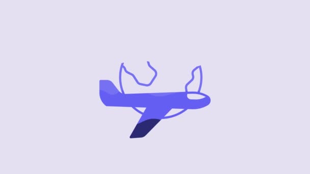 Blue Globe Flying Plane Icon Isolated Purple Background Airplane Fly — ストック動画
