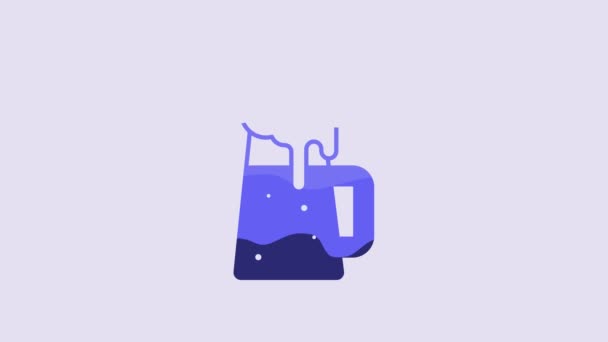 Taza Cerveza Azul Icono Aislado Sobre Fondo Púrpura Animación Gráfica — Vídeos de Stock