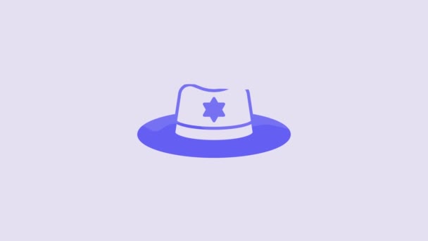 紫色の背景に隔離されたバッジアイコンを持つブルーの保安官帽子 4Kビデオモーショングラフィックアニメーション — ストック動画