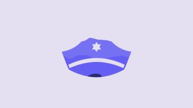 Blue Police cap with cockade icon isolated on purple background. Police hat sign. 4K Video motion graphic animation.