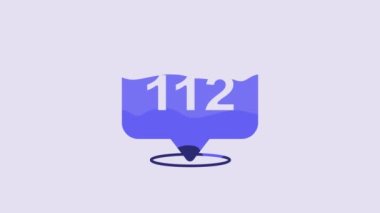 Blue Telephone with emergency call 112 icon isolated on purple background. Police, ambulance, fire department, call, phone. 4K Video motion graphic animation.
