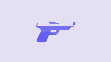 Blue Pistol or gun icon isolated on purple background. Police or military handgun. Small firearm. 4K Video motion graphic animation.