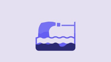 Blue Wastewater icon isolated on purple background. Sewer pipe. From the pipe flowing liquid into the river. 4K Video motion graphic animation.