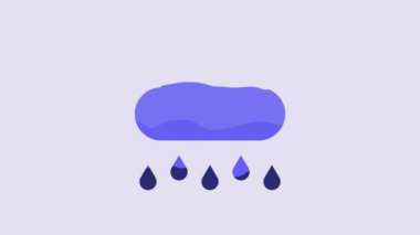 Blue Cloud with rain icon isolated on purple background. Rain cloud precipitation with rain drops. 4K Video motion graphic animation.