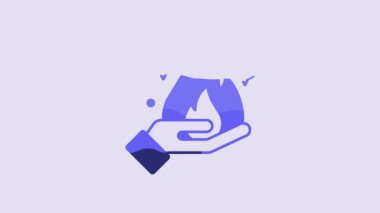 Blue Hand holding a fire icon isolated on purple background. 4K Video motion graphic animation.