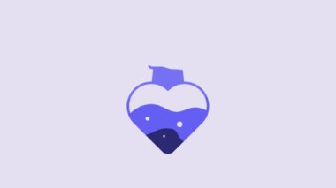 Blue Bottle with potion icon isolated on purple background. Flask with magic potion. Happy Halloween party. 4K Video motion graphic animation.