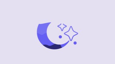 Blue Moon and stars icon isolated on purple background. Cloudy night sign. Sleep dreams symbol. Full moon. Night or bed time sign. 4K Video motion graphic animation.