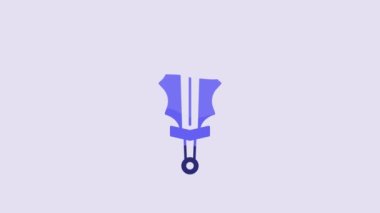 Blue Magic sword in fire icon isolated on purple background. Fiery sword. Magic weapon of knight, sorcerer, magician. Fire spell. Burning blade. 4K Video motion graphic animation.