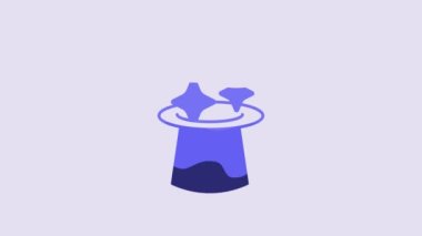 Blue Magic hat icon isolated on purple background. Magic trick. Mystery entertainment concept. 4K Video motion graphic animation.