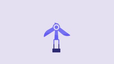 Blue Wind turbine icon isolated on purple background. Wind generator sign. Windmill for electric power production. 4K Video motion graphic animation.