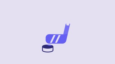 Blue Ice hockey stick and puck icon isolated on purple background. 4K Video motion graphic animation.