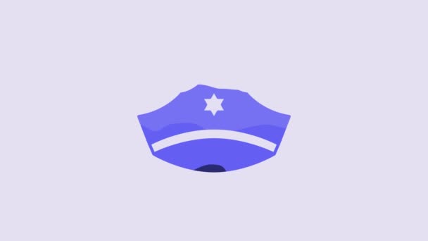 紫色の背景に隔離されたカクテルアイコンとブルーの警察キャップ 警察の帽子のサイン 4Kビデオモーショングラフィックアニメーション — ストック動画