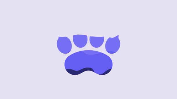 青クマの足跡のアイコンは 紫色の背景に隔離された 4Kビデオモーショングラフィックアニメーション — ストック動画