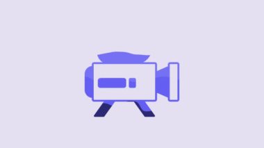 Blue Retro cinema camera icon isolated on purple background. Video camera. Movie sign. Film projector. 4K Video motion graphic animation.