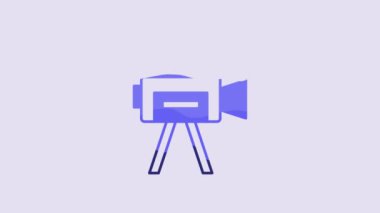 Blue Retro cinema camera icon isolated on purple background. Video camera. Movie sign. Film projector. 4K Video motion graphic animation.