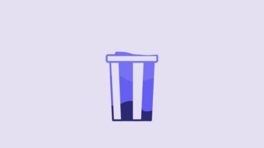 Blue Paper glass with drinking straw and water icon isolated on purple background. Soda drink glass. Fresh cold beverage symbol. 4K Video motion graphic animation.