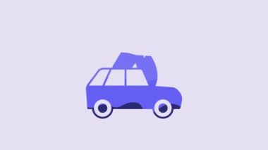 Blue Burning car icon isolated on purple background. Car on fire. Broken auto covered with fire and smoke. 4K Video motion graphic animation.