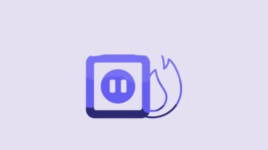 Blue Electric wiring of socket in fire icon isolated on purple background. Electrical safety concept. Plug outlet on fire. 4K Video motion graphic animation.