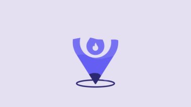 Blue Map pointer with fire flame icon isolated on purple background. Fire nearby. 4K Video motion graphic animation.