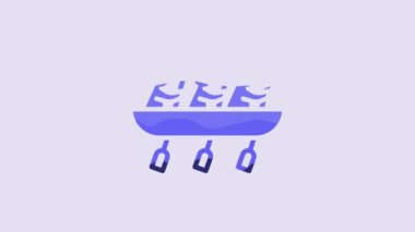 Blue Canoe rowing team sports icon isolated on purple background. Three athletes with oars rowing in boat. Teamwork concept. 4K Video motion graphic animation.