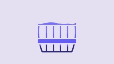 Blue Wooden barrel icon isolated on purple background. Alcohol barrel, drink container, wooden keg for beer, whiskey, wine. 4K Video motion graphic animation.