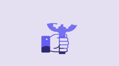 Blue Hand holding auction paddle icon isolated on purple background. Bidding concept. Auction competition. Hands rising signs with BID inscriptions. 4K Video motion graphic animation.